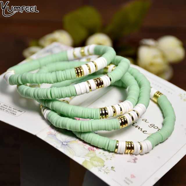 Yumfeel 2022 New Polymer Bracelet Bohemian Green White Clay Beads